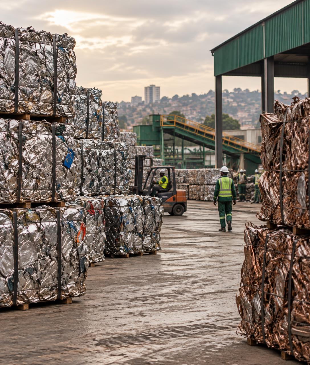 Scrap yard operations with baled materials and yard crew