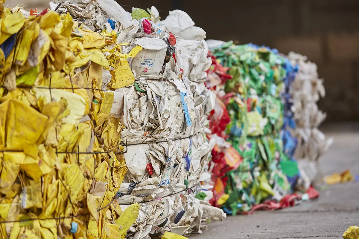 Compressed plastic bales ready for reprocessing