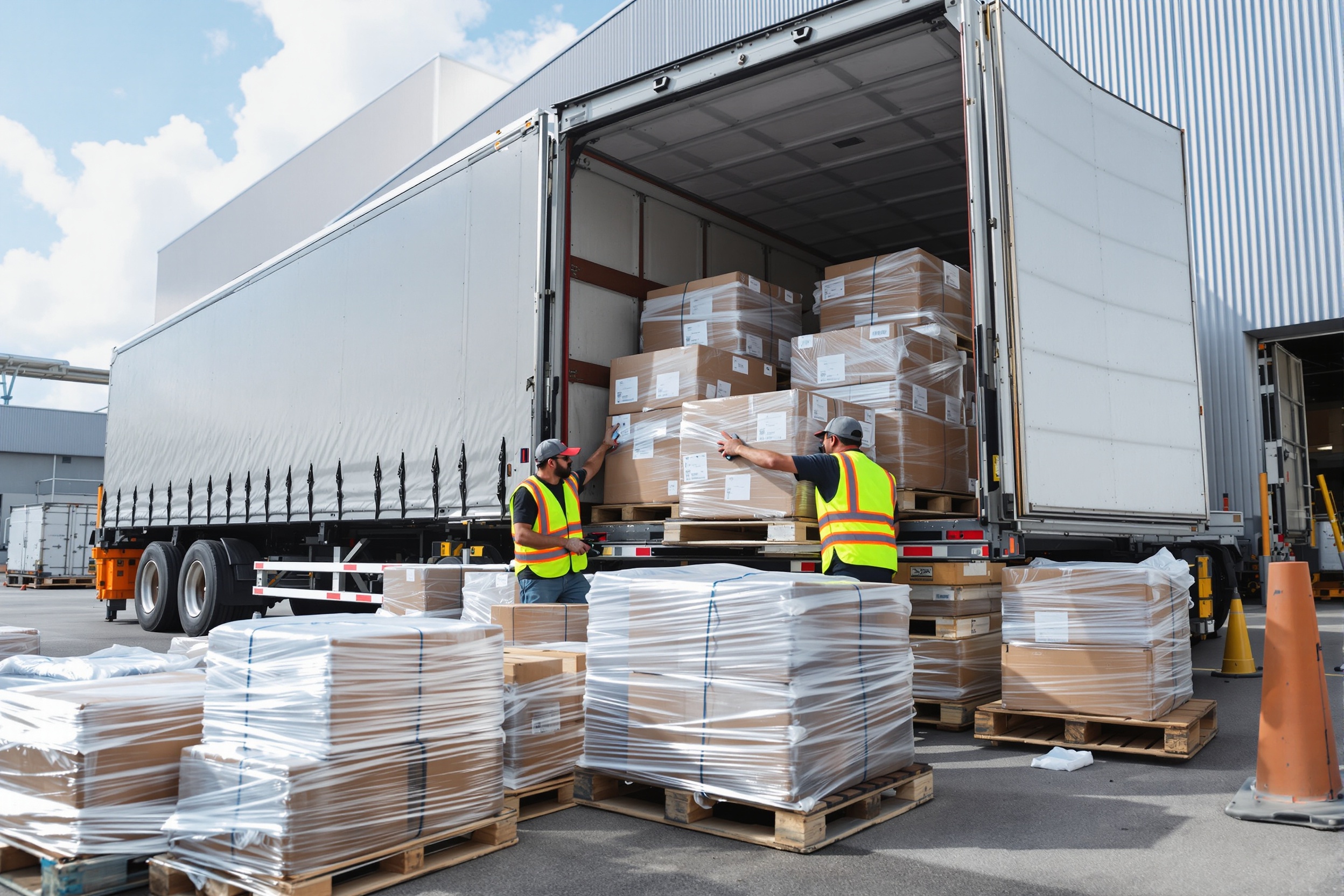 Freight trucks coordinating warehouse logistics